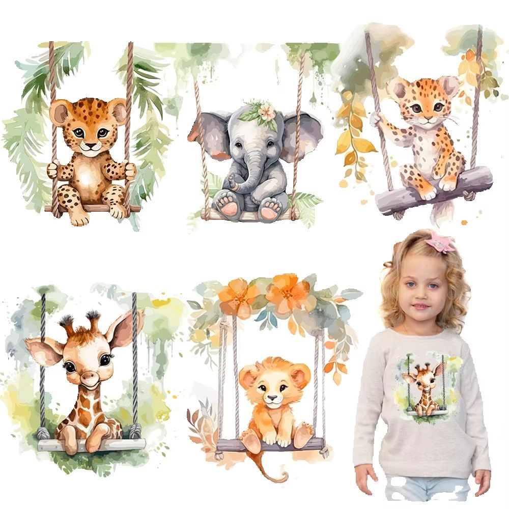 Baby Clothing Elephant - Babydieren op schommels warmteoverdrachtsstickers voor kinderkleding